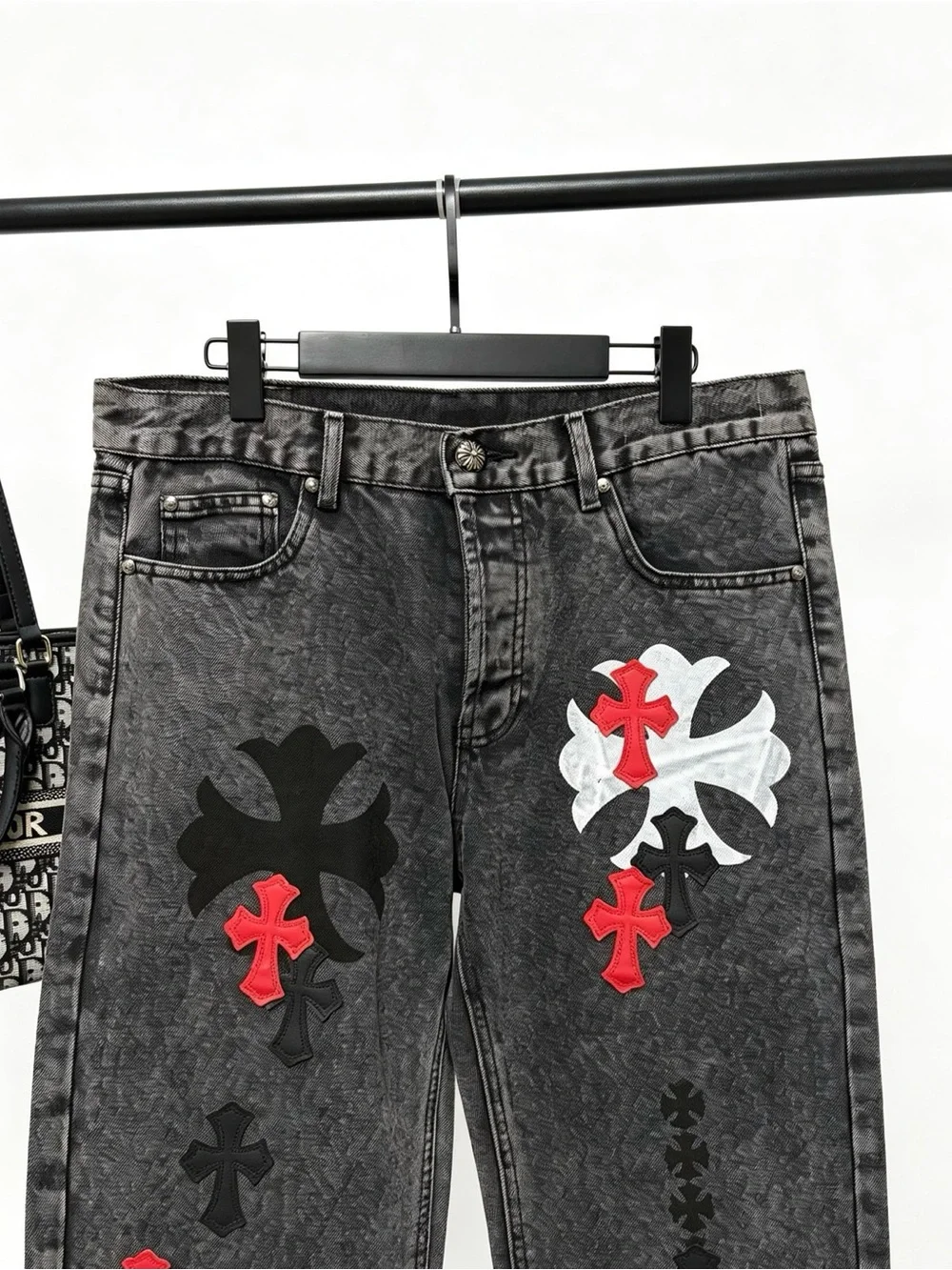Chrome Hearts Black Acid-Wash Jeans with Red & White Crosses